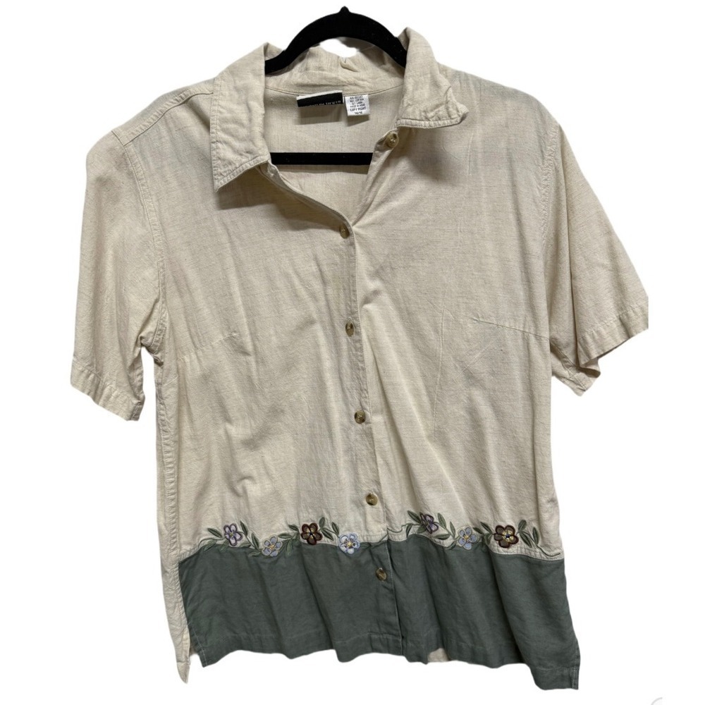 Vintage Fashion Bug Button Up Size 14/16 Floral Embroidery Tan 90's